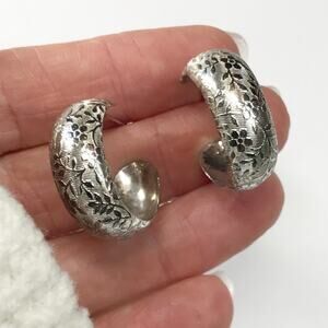 VTG BEAU Floral Etched Engraved Sterling Silver 1in 9mm Wide Puffy Hoop Earrings